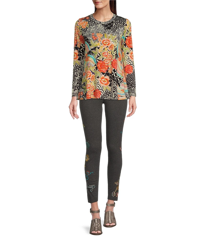JOHNNY WAS Sunrise Favorite Patchwork Floral Geo Print Long Sleeve Tee Shirt