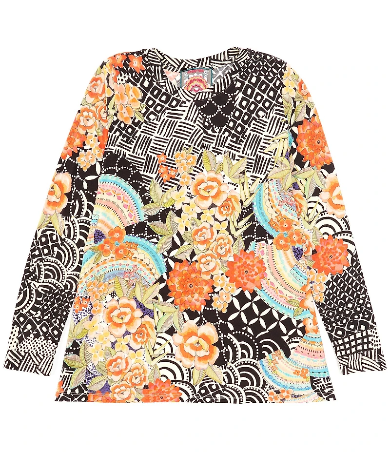 JOHNNY WAS Sunrise Favorite Patchwork Floral Geo Print Long Sleeve Tee Shirt
