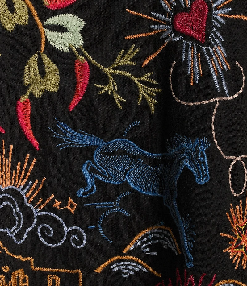 JOHNNY WAS Texas Every Day Embroidered Knit V-Neck Short Sleeve High-Low Hem Tee Shirt