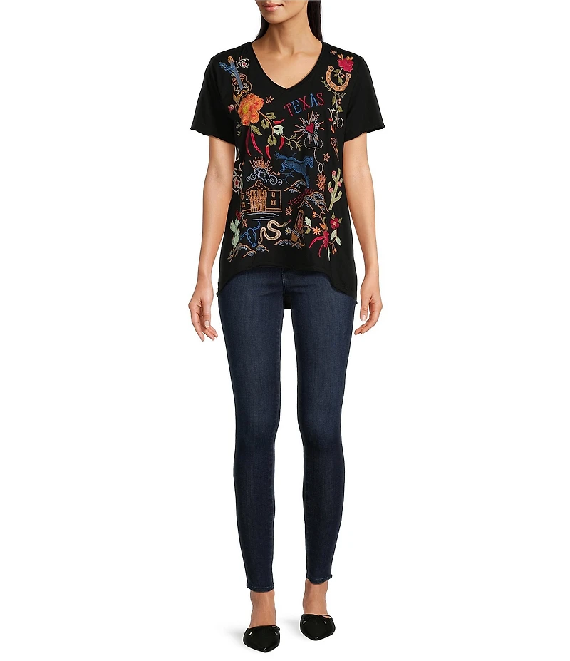 JOHNNY WAS Texas Every Day Embroidered Knit V-Neck Short Sleeve High-Low Hem Tee Shirt