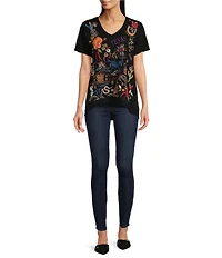 JOHNNY WAS Texas Every Day Embroidered Knit V-Neck Short Sleeve High-Low Hem Tee Shirt