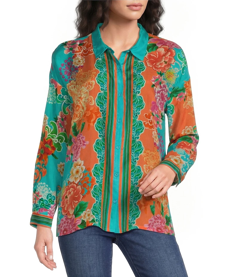 JOHNNY WAS The Audrey Edenia Floral Scarf Print Point Collar Long Sleeve Button-Front Shirt