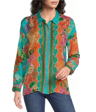 JOHNNY WAS The Audrey Edenia Floral Scarf Print Point Collar Long Sleeve Button-Front Shirt