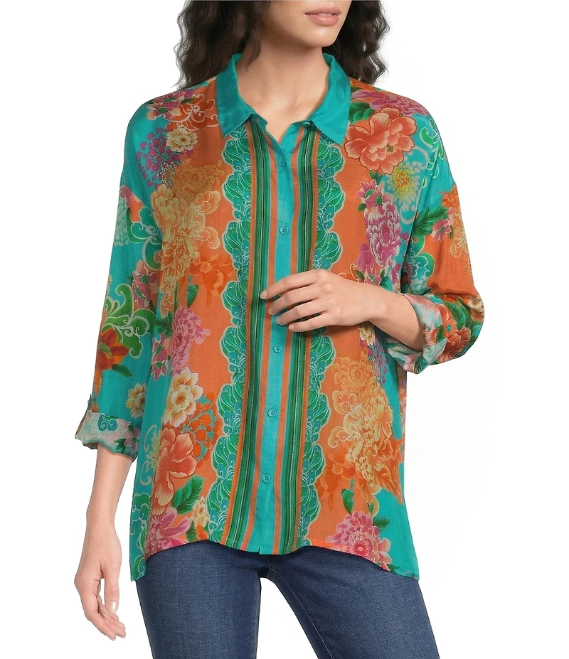 JOHNNY WAS The Audrey Edenia Floral Scarf Print Point Collar Long Sleeve Button-Front Shirt