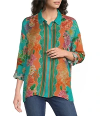 JOHNNY WAS The Audrey Edenia Floral Scarf Print Point Collar Long Sleeve Button-Front Shirt