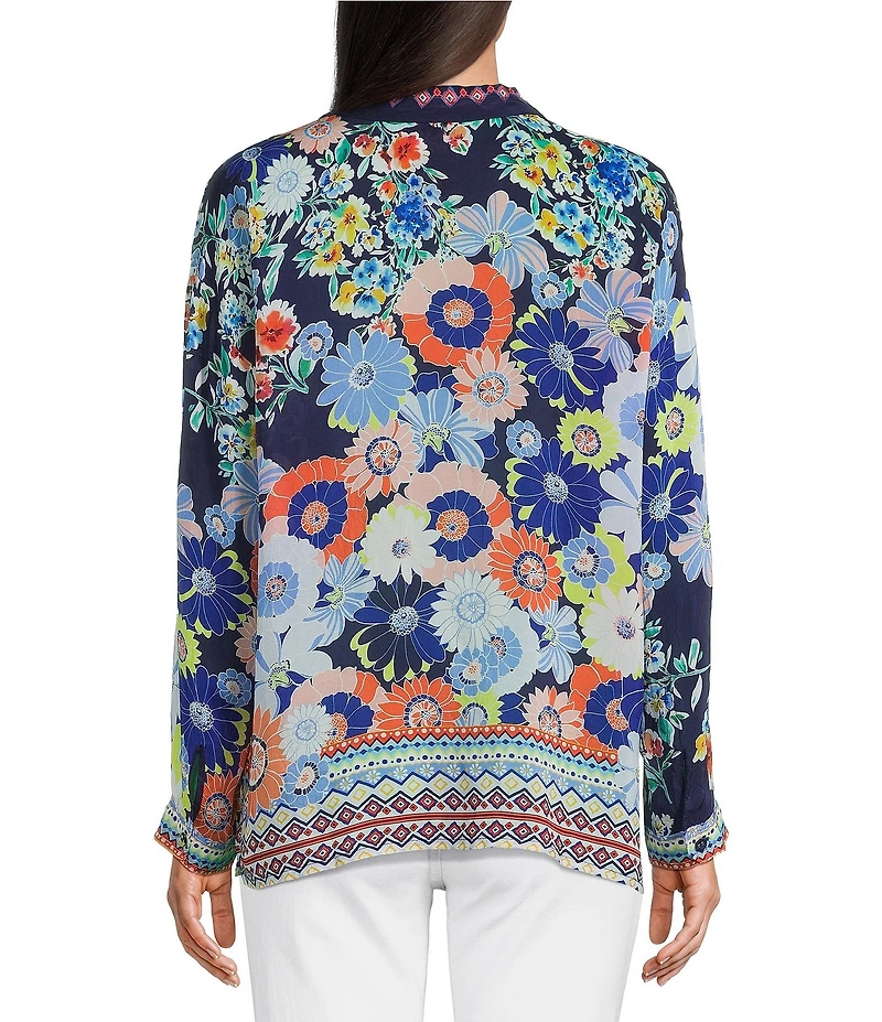 JOHNNY WAS The Audrey Floral Scarf Print Silk Point Collar Long Sleeve Button-Front Shirt