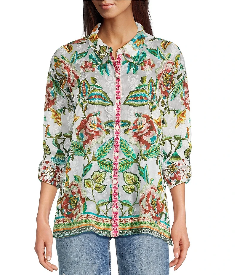 JOHNNY WAS The Audrey Gillian Floral Print Point Collar Long Sleeve Button Up Shirt