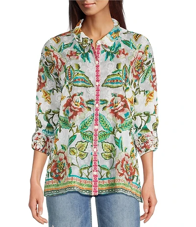 JOHNNY WAS The Audrey Gillian Floral Print Point Collar Long Sleeve Button Up Shirt