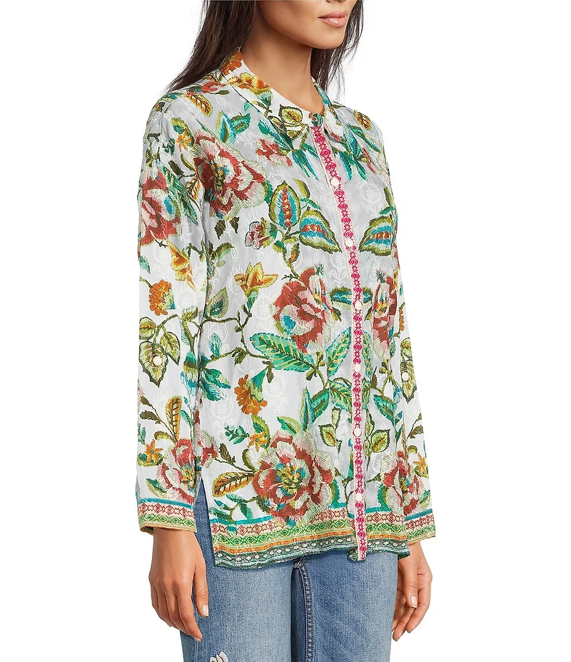 JOHNNY WAS The Audrey Gillian Floral Print Point Collar Long Sleeve Button Up Shirt