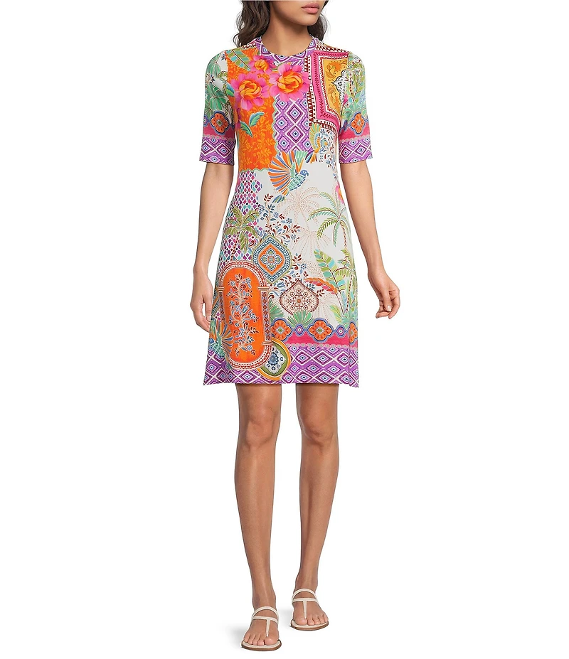 JOHNNY WAS The Janie Favorite Avelar Mixed Print Crew Neck Elbow Sleeve Swing Dress