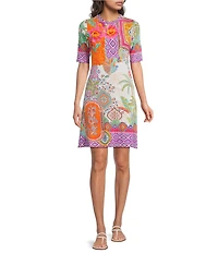 JOHNNY WAS The Janie Favorite Avelar Mixed Print Crew Neck Elbow Sleeve Swing Dress