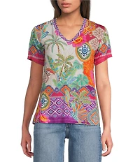 JOHNNY WAS The Janie Favorite Avelar Mixed Print V-Neck Short Sleeve Swing Tee