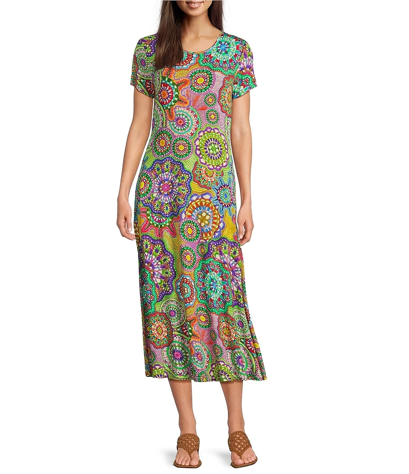 JOHNNY WAS The Janie Favorite Bamboo Knit Napperon Print Crew Neck Short Sleeve Sheath Midi Dress