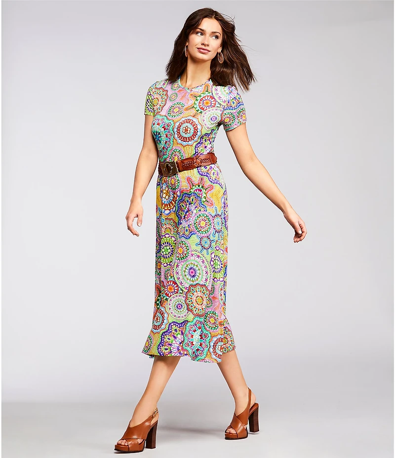 JOHNNY WAS The Janie Favorite Bamboo Knit Napperon Print Crew Neck Short Sleeve Sheath Midi Dress