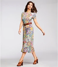 JOHNNY WAS The Janie Favorite Bamboo Knit Napperon Print Crew Neck Short Sleeve Sheath Midi Dress