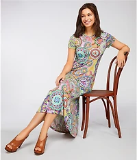 JOHNNY WAS The Janie Favorite Bamboo Knit Napperon Print Crew Neck Short Sleeve Sheath Midi Dress