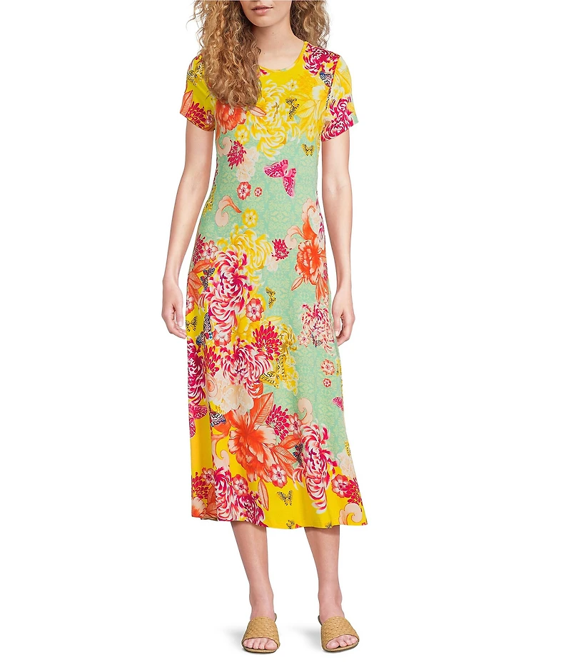 JOHNNY WAS The Janie Favorite Charlie Floral Print Knit Jersey Crew Neck Cap Sleeve Midi Dress