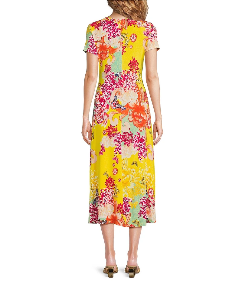 JOHNNY WAS The Janie Favorite Charlie Floral Print Knit Jersey Crew Neck Cap Sleeve Midi Dress