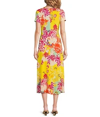 JOHNNY WAS The Janie Favorite Charlie Floral Print Knit Jersey Crew Neck Cap Sleeve Midi Dress