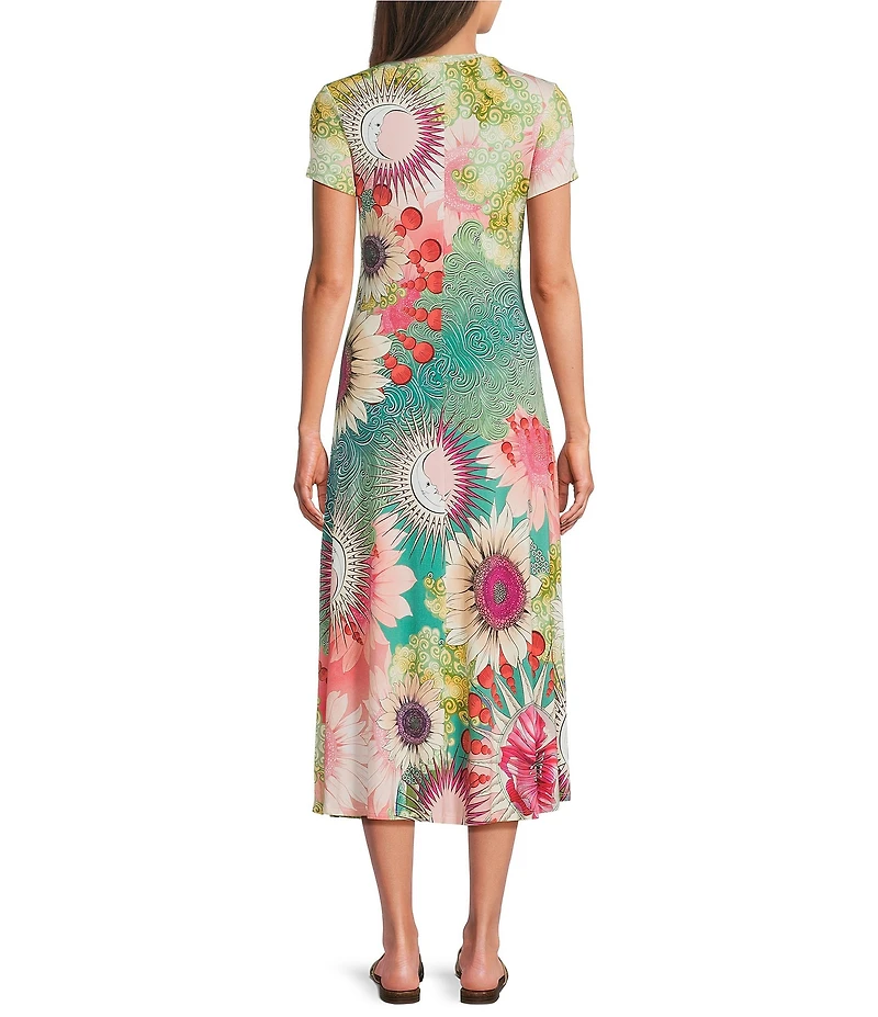JOHNNY WAS The Janie Favorite Emily Abstract Floral Print Knit Jersey Crew Neck Cap Sleeve Midi Dress
