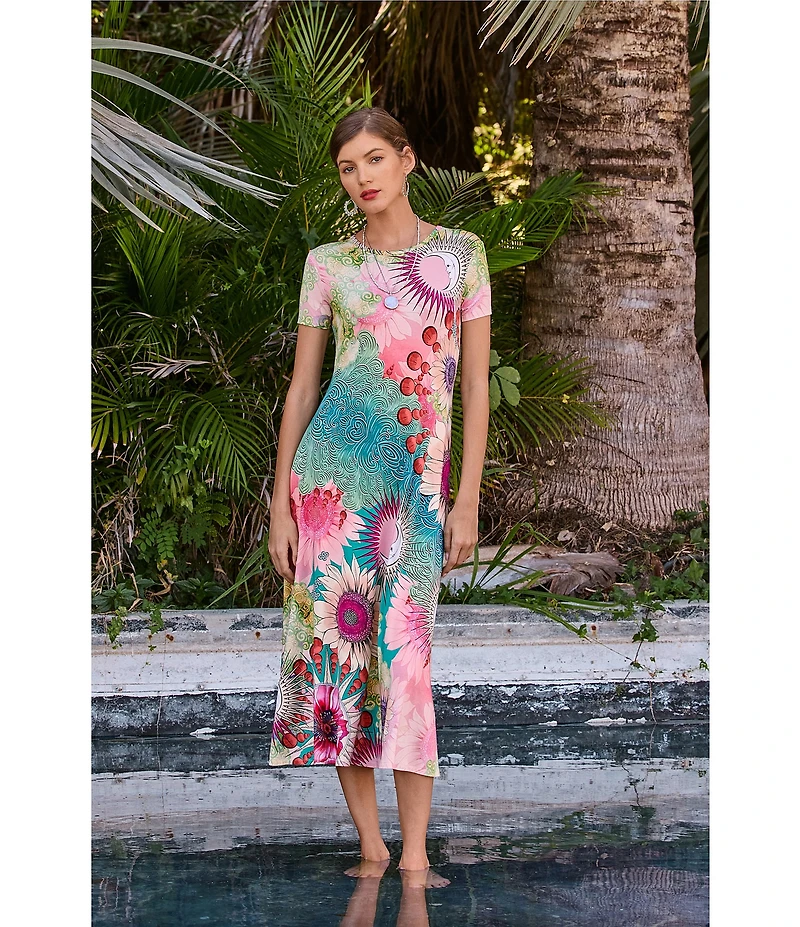 JOHNNY WAS The Janie Favorite Emily Abstract Floral Print Knit Jersey Crew Neck Cap Sleeve Midi Dress
