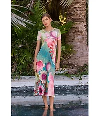 JOHNNY WAS The Janie Favorite Emily Abstract Floral Print Knit Jersey Crew Neck Cap Sleeve Midi Dress