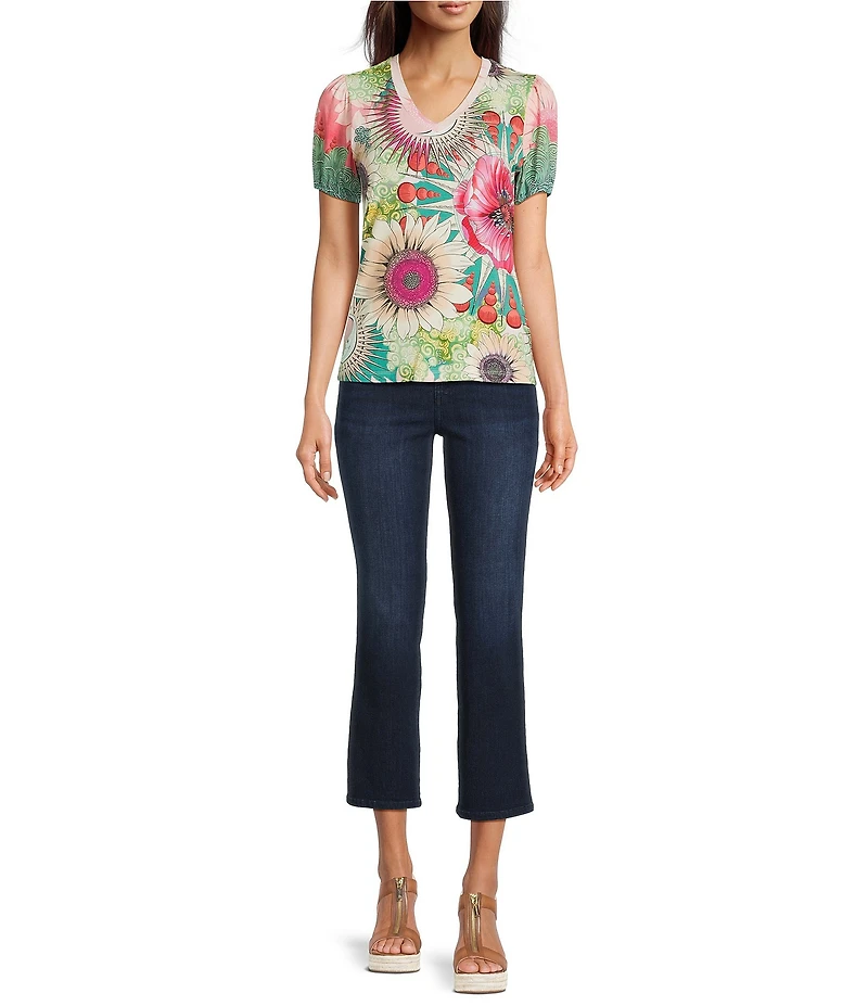 JOHNNY WAS The Janie Favorite Emily Abstract Floral Print V-Neck Short Puff Sleeve Knit Tee