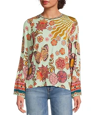 JOHNNY WAS The Janie Favorite Endora Scarf Print Crew Neck Long Flare Sleeve Tee