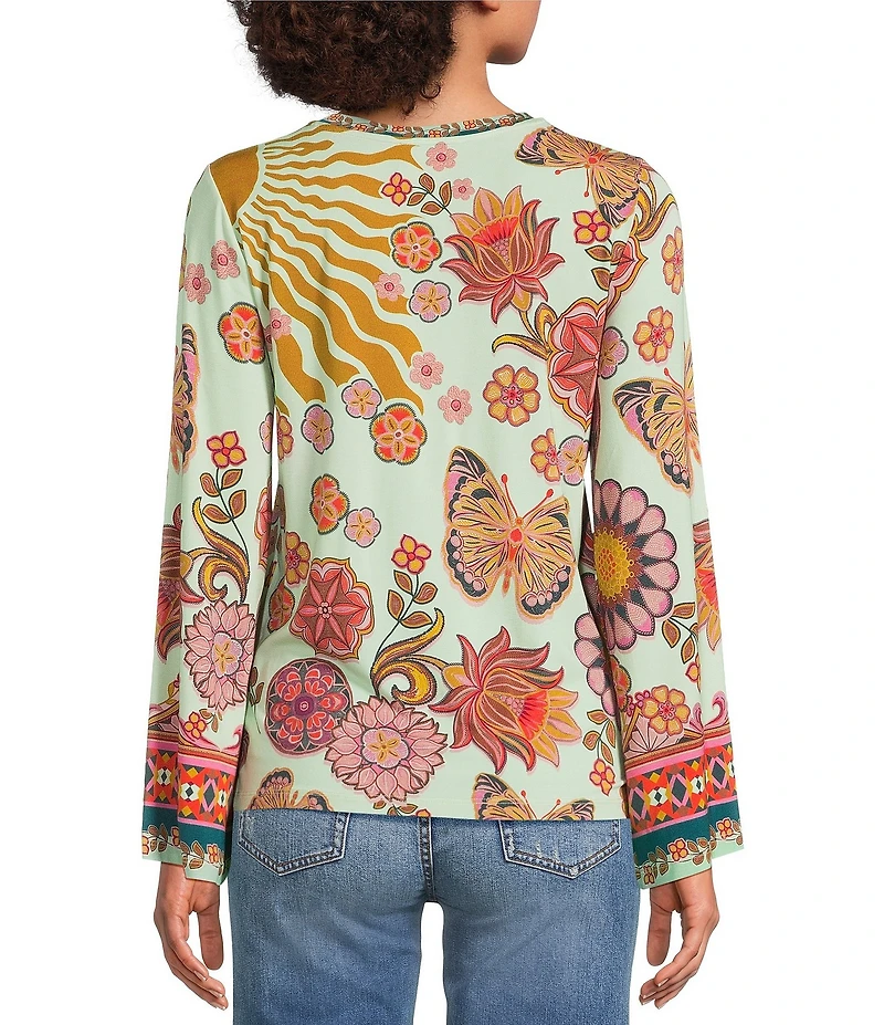 JOHNNY WAS The Janie Favorite Endora Scarf Print Crew Neck Long Flare Sleeve Tee