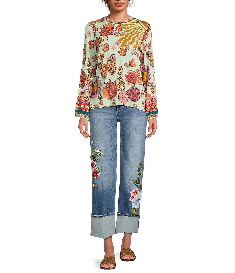 JOHNNY WAS The Janie Favorite Endora Scarf Print Crew Neck Long Flare Sleeve Tee