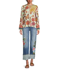 JOHNNY WAS The Janie Favorite Endora Scarf Print Crew Neck Long Flare Sleeve Tee
