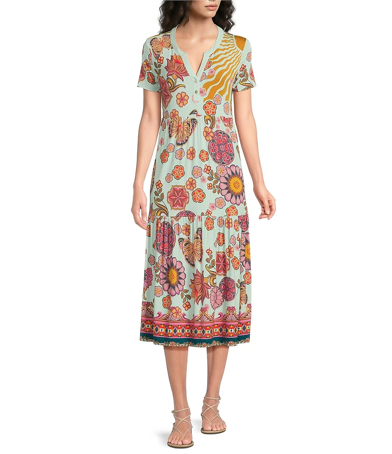 JOHNNY WAS The Janie Favorite Endora Scarf Print Split V-Neck Short Sleeve Tiered Midi Dress