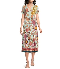 JOHNNY WAS The Janie Favorite Endora Scarf Print Split V-Neck Short Sleeve Tiered Midi Dress