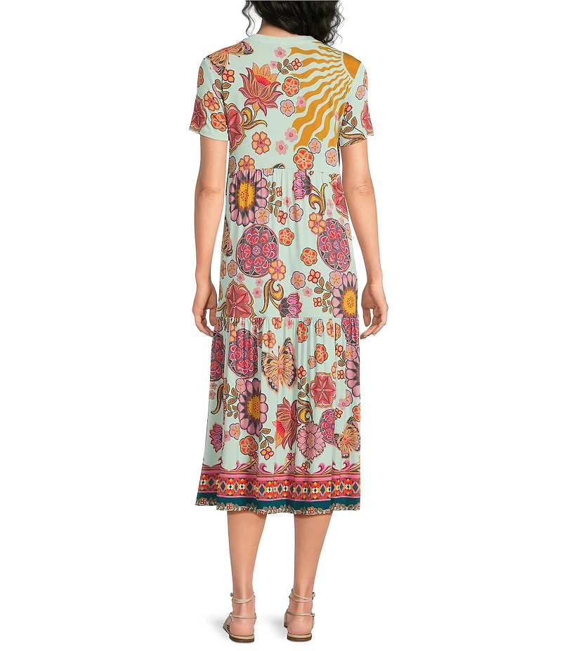 JOHNNY WAS The Janie Favorite Endora Scarf Print Split V-Neck Short Sleeve Tiered Midi Dress