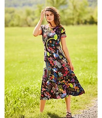 JOHNNY WAS The Janie Favorite Jenny Scarf Mixed Print Crew Neck Cap Sleeve Midi Dress