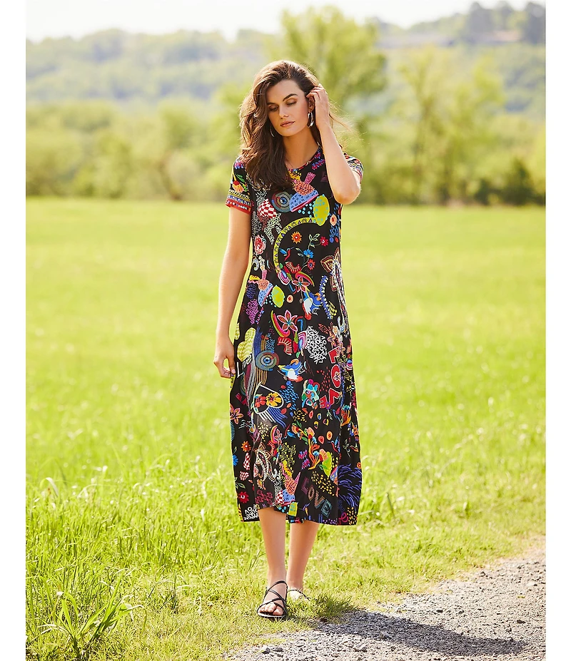 JOHNNY WAS The Janie Favorite Jenny Scarf Mixed Print Crew Neck Cap Sleeve Midi Dress