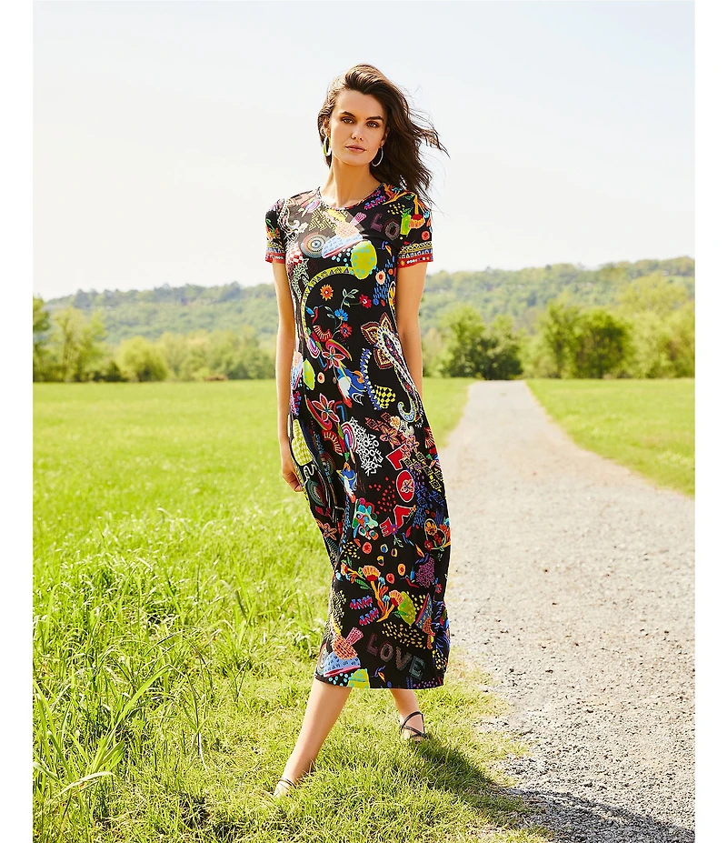 JOHNNY WAS The Janie Favorite Jenny Scarf Mixed Print Crew Neck Cap Sleeve Midi Dress