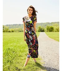 JOHNNY WAS The Janie Favorite Jenny Scarf Mixed Print Crew Neck Cap Sleeve Midi Dress