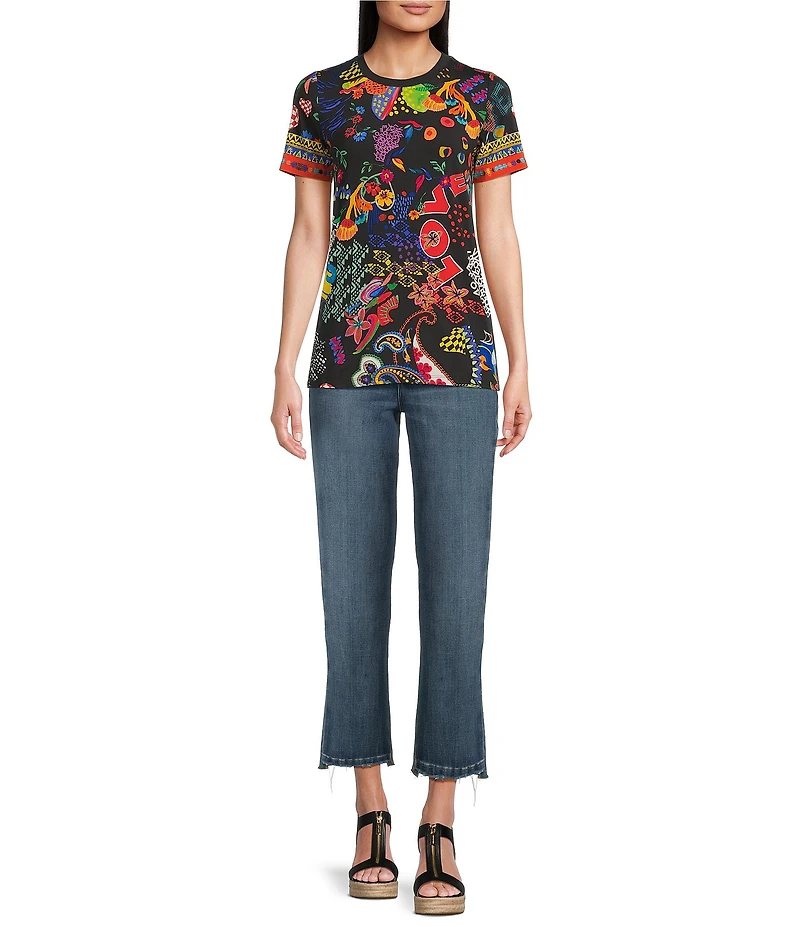 JOHNNY WAS The Janie Favorite Jenny Scarf Mixed Print Crew Neck Short Sleeve Knit Tee