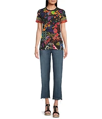 JOHNNY WAS The Janie Favorite Jenny Scarf Mixed Print Crew Neck Short Sleeve Knit Tee