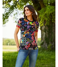 JOHNNY WAS The Janie Favorite Jenny Scarf Mixed Print Crew Neck Short Sleeve Knit Tee