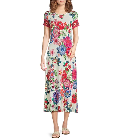 JOHNNY WAS The Janie Favorite Kallie Floral Scarf Print Knit Crew Neck Cap Sleeve Midi Dress