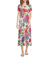 JOHNNY WAS The Janie Favorite Kallie Floral Scarf Print Knit Crew Neck Cap Sleeve Midi Dress