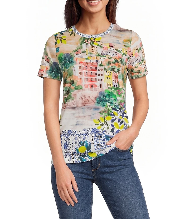 JOHNNY WAS The Janie Favorite Olympe Scenic Scarf Print Crew Neck Short Sleeve Tee