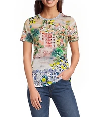 JOHNNY WAS The Janie Favorite Olympe Scenic Scarf Print Crew Neck Short Sleeve Tee