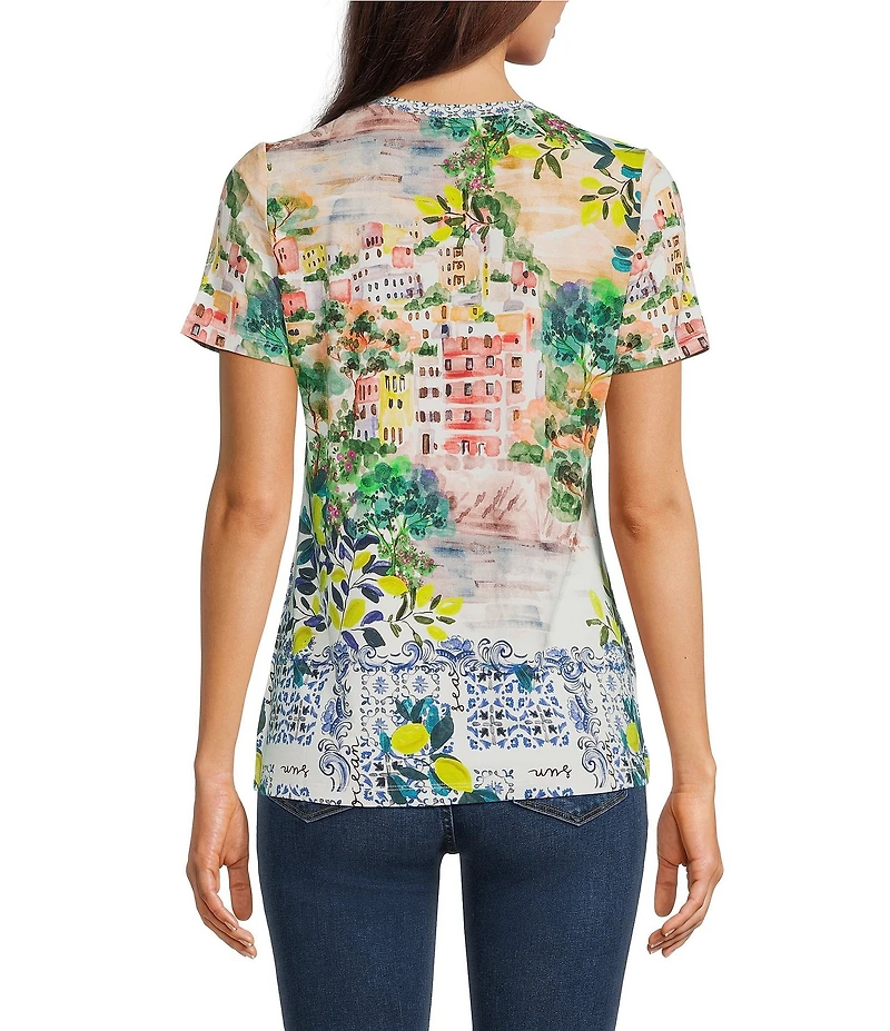JOHNNY WAS The Janie Favorite Olympe Scenic Scarf Print Crew Neck Short Sleeve Tee