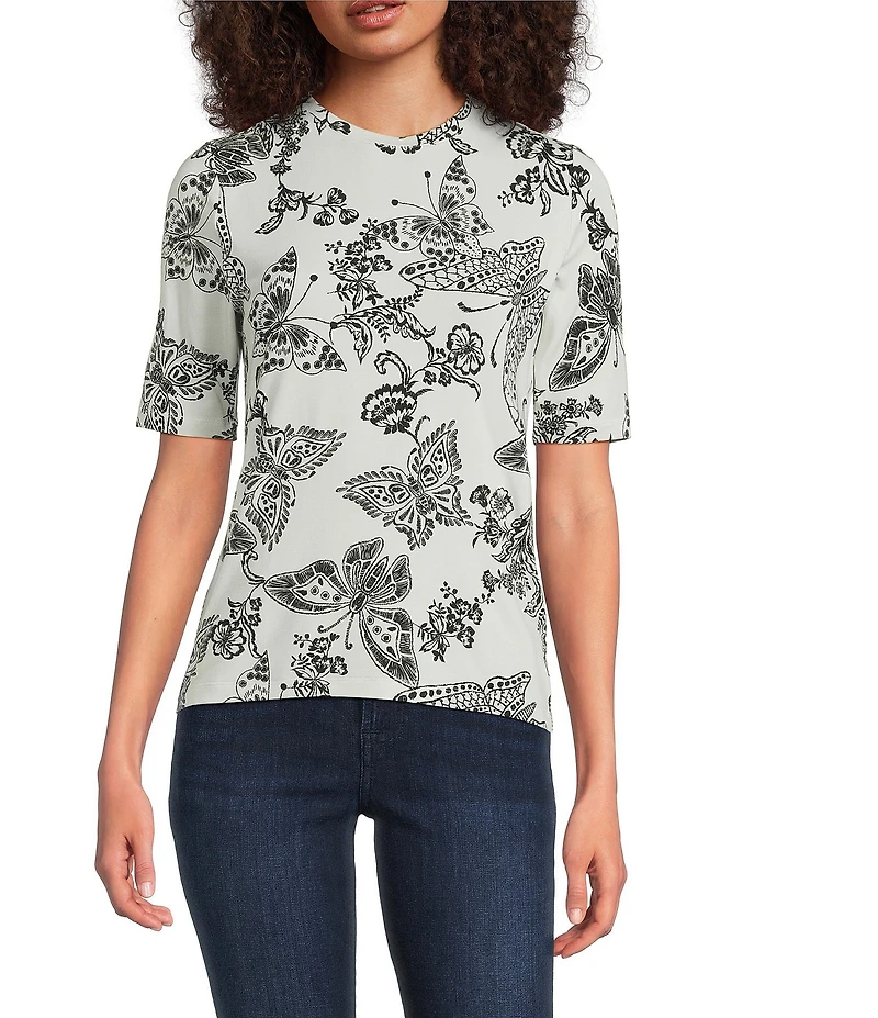 JOHNNY WAS The Janie Favorite Sydnee Butterfly Print Crew Neck Elbow Sleeve Knit Tee