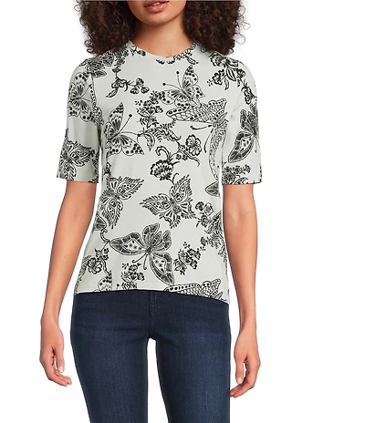 JOHNNY WAS The Janie Favorite Sydnee Butterfly Print Crew Neck Elbow Sleeve Knit Tee