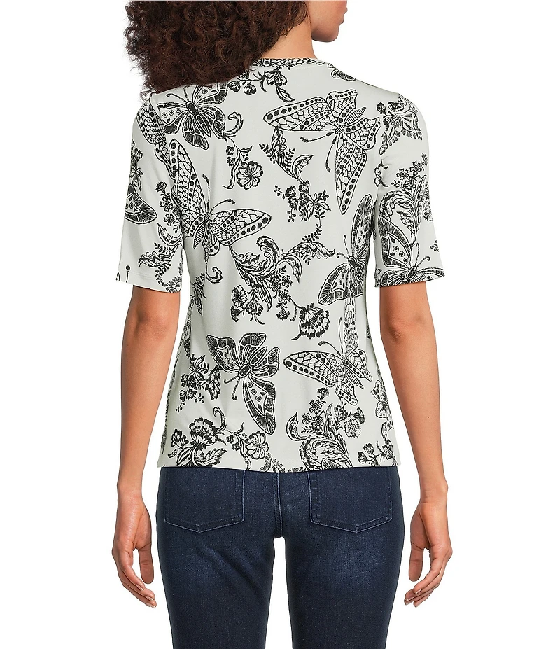JOHNNY WAS The Janie Favorite Sydnee Butterfly Print Crew Neck Elbow Sleeve Knit Tee