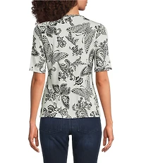 JOHNNY WAS The Janie Favorite Sydnee Butterfly Print Crew Neck Elbow Sleeve Knit Tee